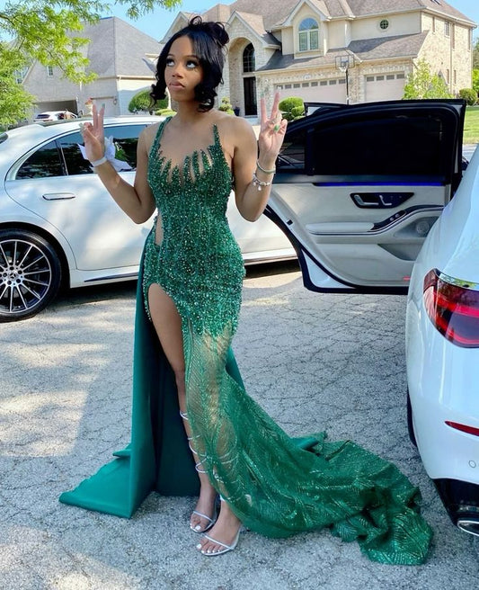 Chic Mermaid Scoop Dark Green Sequin Beaded Split Prom Dresses Party Dress 20th Birthday Outfits Graduation Dress RB1405