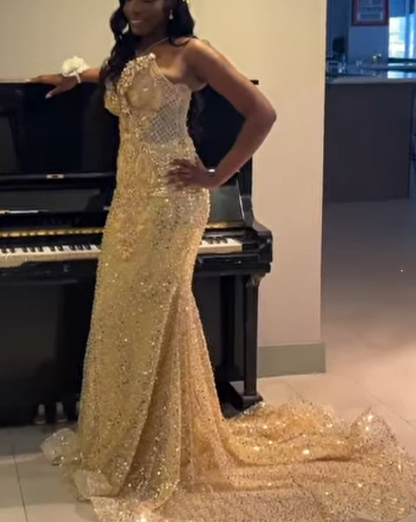 Robe de bal sirène chic à paillettes dorées et perles, décolleté en cœur, tenue de fête pour 20e anniversaire, robe de remise de diplôme RB1409