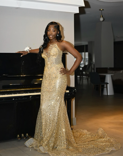 Robe de bal sirène chic à paillettes dorées et perles, décolleté en cœur, tenue de fête pour 20e anniversaire, robe de remise de diplôme RB1409