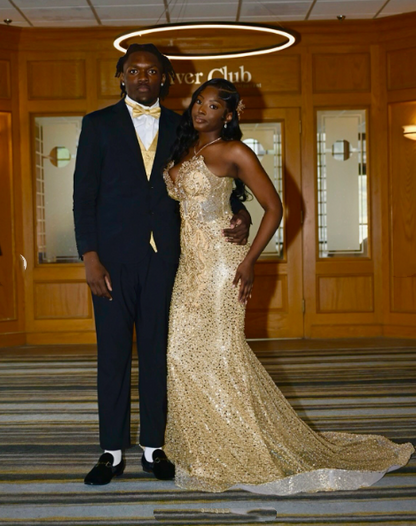 Robe de bal sirène chic à paillettes dorées et perles, décolleté en cœur, tenue de fête pour 20e anniversaire, robe de remise de diplôme RB1409
