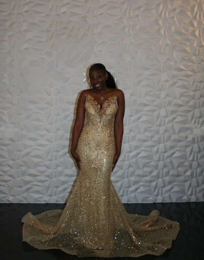 Robe de bal sirène chic à paillettes dorées et perles, décolleté en cœur, tenue de fête pour 20e anniversaire, robe de remise de diplôme RB1409