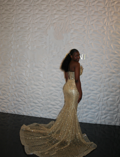Robe de bal sirène chic à paillettes dorées et perles, décolleté en cœur, tenue de fête pour 20e anniversaire, robe de remise de diplôme RB1409