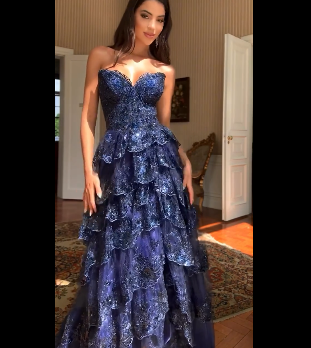 Special A Line Sweetheart Dark Navy Blue Lace Sequin Sleeveless Long Prom Dresses Inspo Prom Gown RB1410