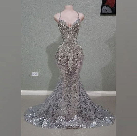Fancy Mermaid Spaghetti Straps Silver Sequin Long Prom Dresses Inspiration Party Dress Prom Gown RB1427