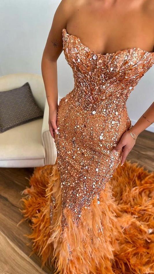 Glamour Mermaid Sweetheart Orange Sequin Feathers Prom Dresses Party Dress 19th Birthday Outfits Graduation Dress RB1430