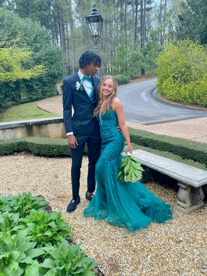 Glamour Mermaid Spaghetti Straps Blue Lace Long Prom Dresses Inspiration Party Dress Prom Gown RB1435
