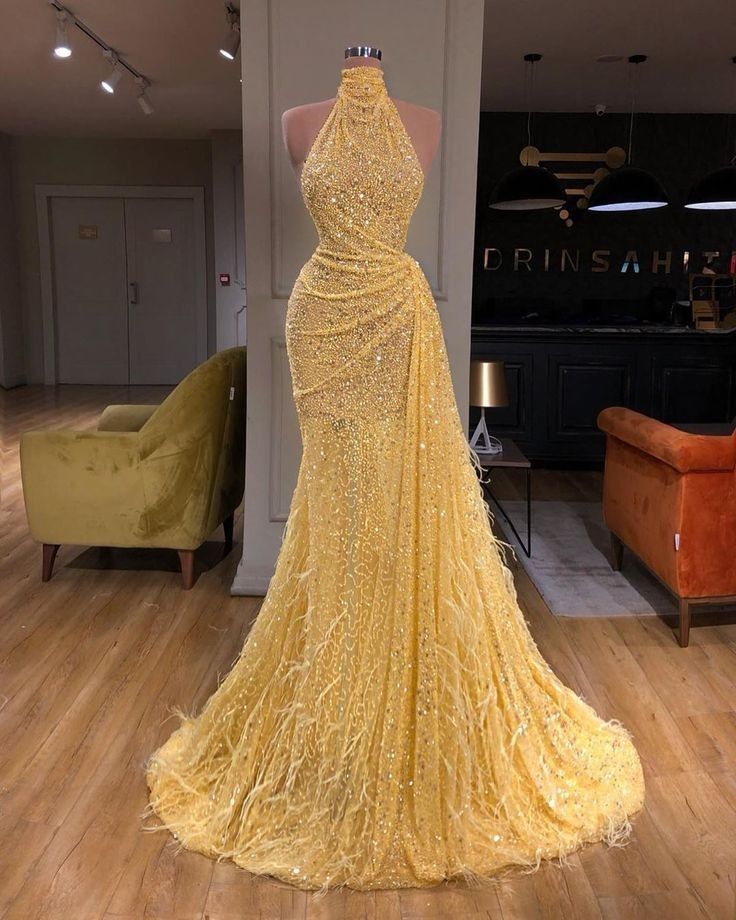 Robe de bal sirène chic à col haut et paillettes jaunes, tenue de soirée pour 19e anniversaire, robe de remise de diplôme RB1438