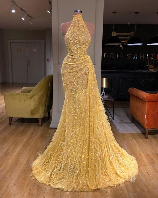 Chic Mermaid High Neck Yellow Sequin Prom Dresses Party Dress 19th Birthday Outfits Graduation Dress RB1438