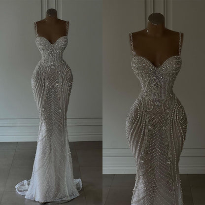 Sparkly Mermaid Spaghetti Straps White Sequin Beaded Wedding Dress Long Bridal Gown Wedding Dresses RB1442