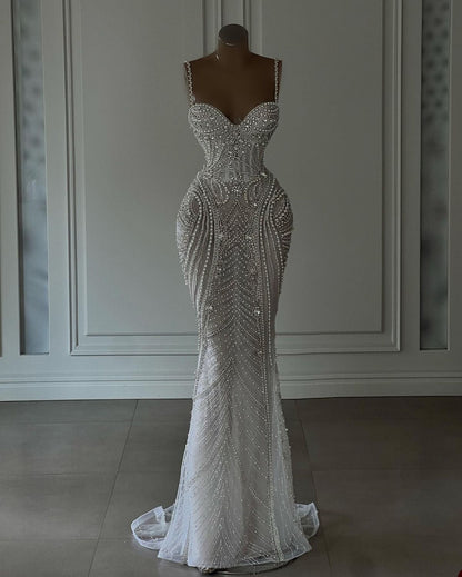 Sparkly Mermaid Spaghetti Straps White Sequin Beaded Wedding Dress Long Bridal Gown Wedding Dresses RB1442