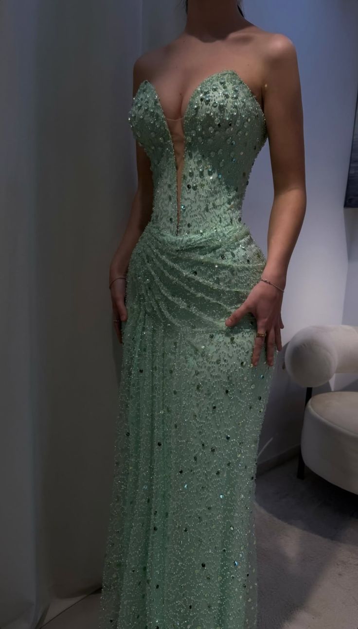 Robe de bal sirène glamour décolleté cœur paillettes vert menthe, tenue de fête pour 20e anniversaire, robe de remise de diplôme RB1451