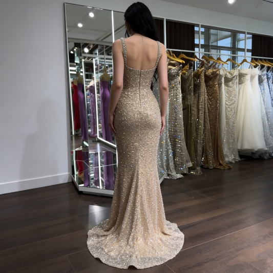 Sparkly Mermaid Square Neck Sequin Champagne Prom Dresses Party Dress 18th Birthday Outfits Graduation Dress RB1453