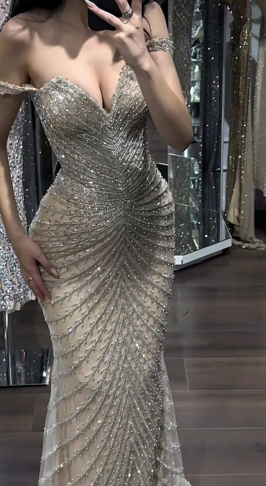 Classy Mermaid Off The Shoulder Champagne Silver Beads Long Prom Dresses Inspo Glitter Prom Gown RB1454