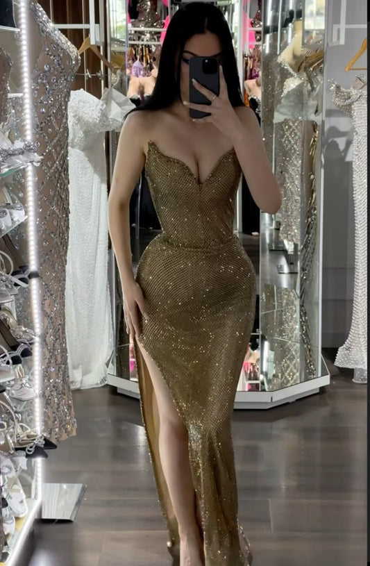 Robe de bal sirène glamour à paillettes dorées et décolleté en cœur, tenue de soirée pour 20e anniversaire, robe de remise de diplôme RB1455