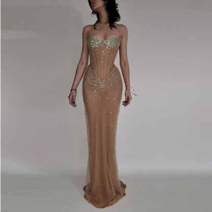 Robe de bal sirène sexy sans bretelles, couleur champagne, perles argentées, paillettes, tenue de fête pour 20e anniversaire, robe de remise de diplôme, RB1385