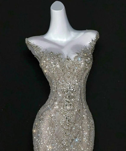 Romantic Mermaid Scoop Neck Silver Sequin Fitted Corset Beads Wedding Dress Long Bridal Gown Wedding Dresses RB1459