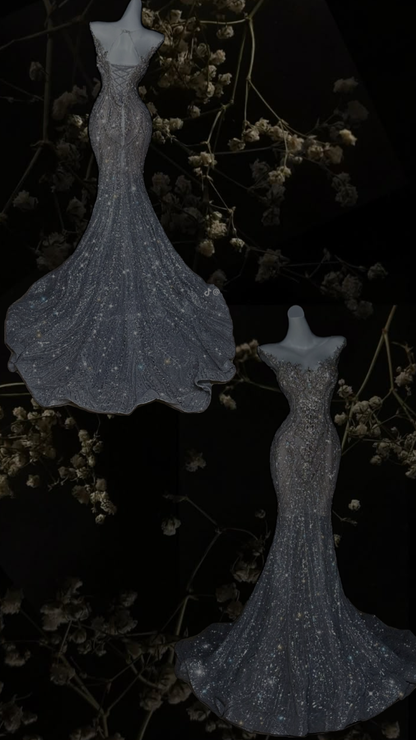 Romantic Mermaid Scoop Neck Silver Sequin Fitted Corset Beads Wedding Dress Long Bridal Gown Wedding Dresses RB1459