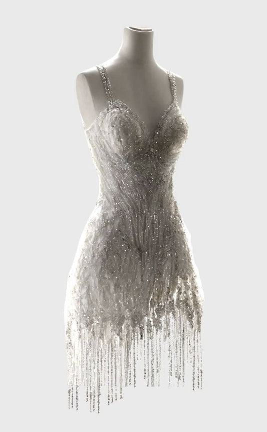 Sparkly A Line Spaghetti Straps White Sequin Beaded Wedding Dress Short Bridal Gown Wedding Dresses RB1463