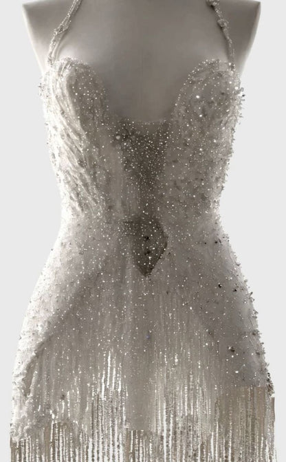 Sparkly A Line Halter White Sequin Beaded Wedding Dress Short Bridal Gown Wedding Dresses RB1462