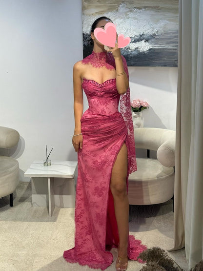 Cute Mermaid Sweetheart Lace Split Hot Pink Prom Dresses Party Dress 21st Birthday Outfits Graduation Dress RB1478