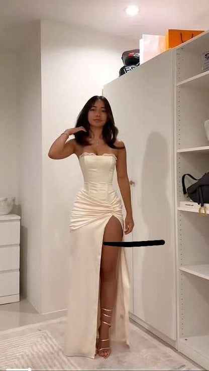 Simple Mermaid Sweetheart Satin Slit Pleated Prom Dresses Party Dress 18th Birthday Outfits Graduation Dress RB1480
