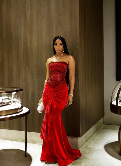 Robe de bal élégante en velours rouge, style sirène, sans bretelles, tenue de soirée pour 18e anniversaire, robe de remise de diplôme, RB1482