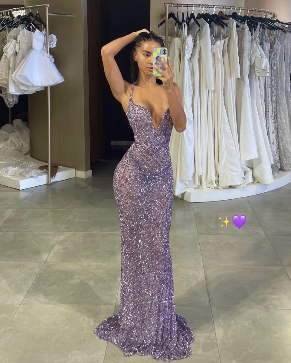 Robe de bal longue à paillettes lilas, style sirène, bretelles spaghetti, élégante, inspirée par la robe de bal pailletée RB1483