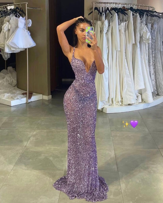 Classy Mermaid Spaghetti Straps Lilac Sequin Long Prom Dresses Inspo Glitter Prom Gown RB1483
