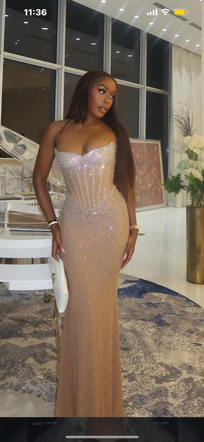 Robe de bal sirène unique en forme de cœur, couleur champagne, perles argentées, paillettes, tenue de fête pour 20e anniversaire, robe de remise de diplôme, RB1490