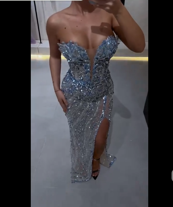 Robe de bal élégante sirène à paillettes et perles bleues, décolleté en cœur, pour adolescentes, tenue de fête pour 18 ans, RB1493