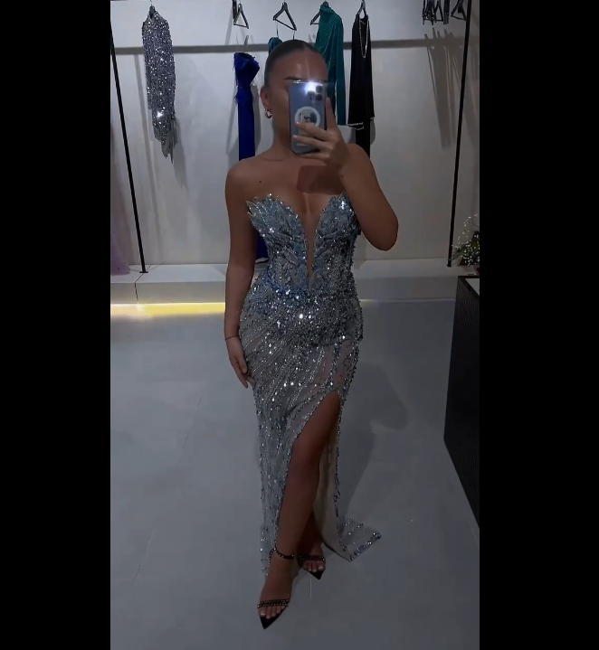 Gorgeous Mermaid Sweetheart Blue Slit Sequins Beaded Bodice Prom Dresses Long Formal Party Gown AB366