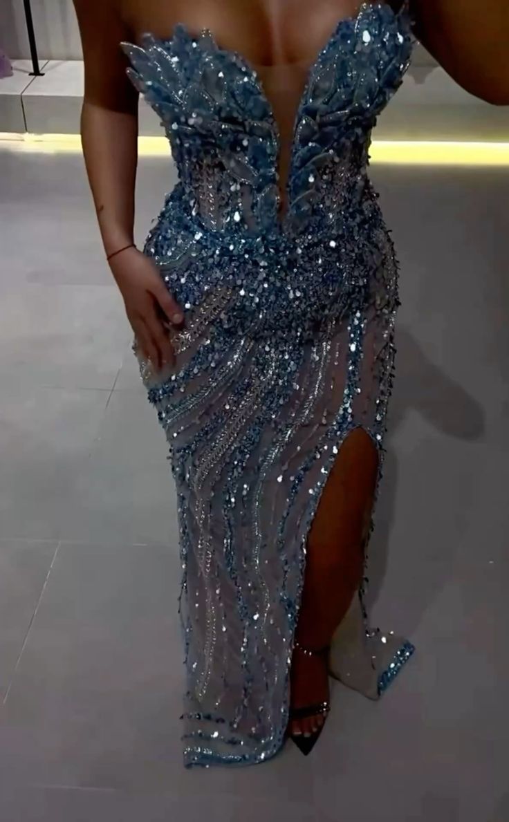 Robe de bal élégante sirène à paillettes et perles bleues, décolleté en cœur, pour adolescentes, tenue de fête pour 18 ans, RB1493