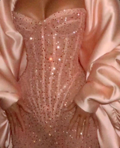 Robe de bal sirène élégante à paillettes roses et décolleté en cœur, tenue pour un 21e anniversaire, robe de remise de diplôme RB1499
