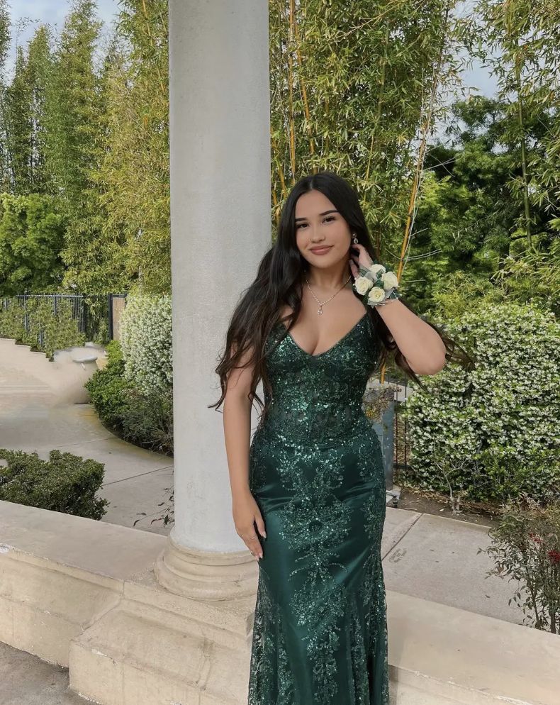 Robe de soirée longue à paillettes vert foncé, style sirène glamour, bretelles spaghetti, tenue de soirée pour 20e anniversaire, RB1509