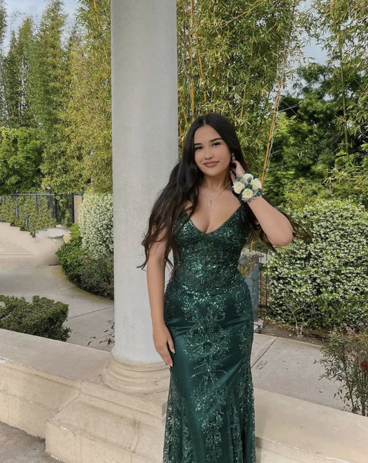 Glamour Mermaid Spaghetti Straps Dark Green Sequin Long Prom Dresses Party Dress 20th Birthday Outfits Prom Gowns RB1509