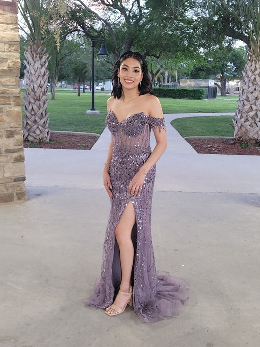 Robe de bal sirène éthérée à épaules dénudées, en tulle raisin clair, fendue, tenue de soirée pour 20e anniversaire, RB1516