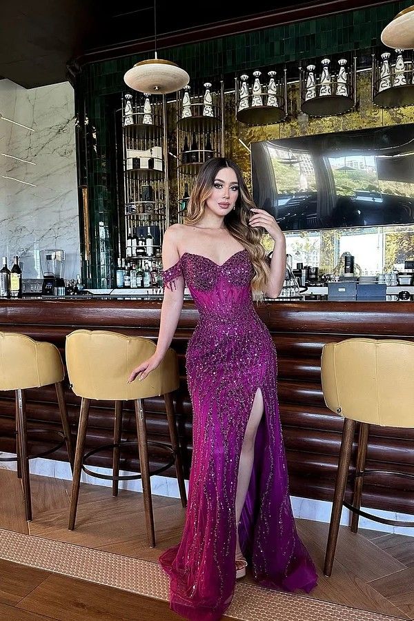 Ethereal Mermaid Off The Shoulder Grape Tulle Slit Prom Dresses Formal Dress 22th Birthday Outfits Prom Gown RB1517