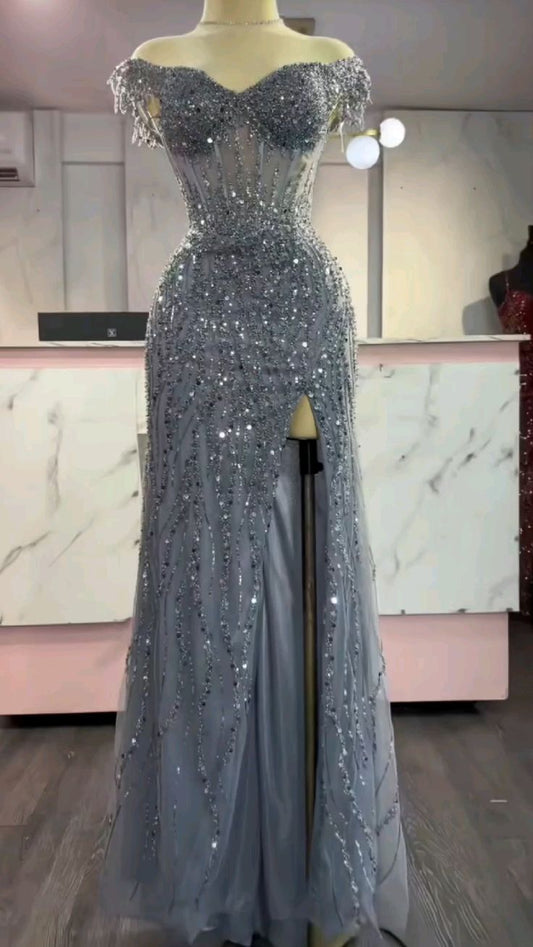 Robe de bal sirène à épaules dénudées et fente en tulle gris, tenue de soirée pour 23 ans, robe de bal RB1518