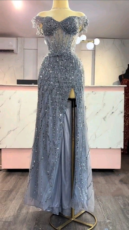 Robe de bal sirène à épaules dénudées et fente en tulle gris, tenue de soirée pour 23 ans, robe de bal RB1518