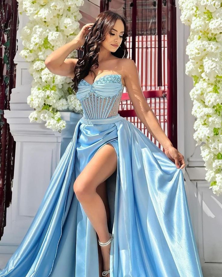 Princess Mermaid Sweetheart Light Sky Blue Satin Slit Prom Dresses Impress 22th Birthday Outfits Prom Gowns RB1520