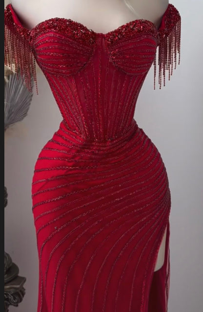 Ethereal Mermaid Off The Shoulder Red Beaded Slit Prom Dresses Formal Dress 23rd Birthday Outfits Prom Gown RB1524