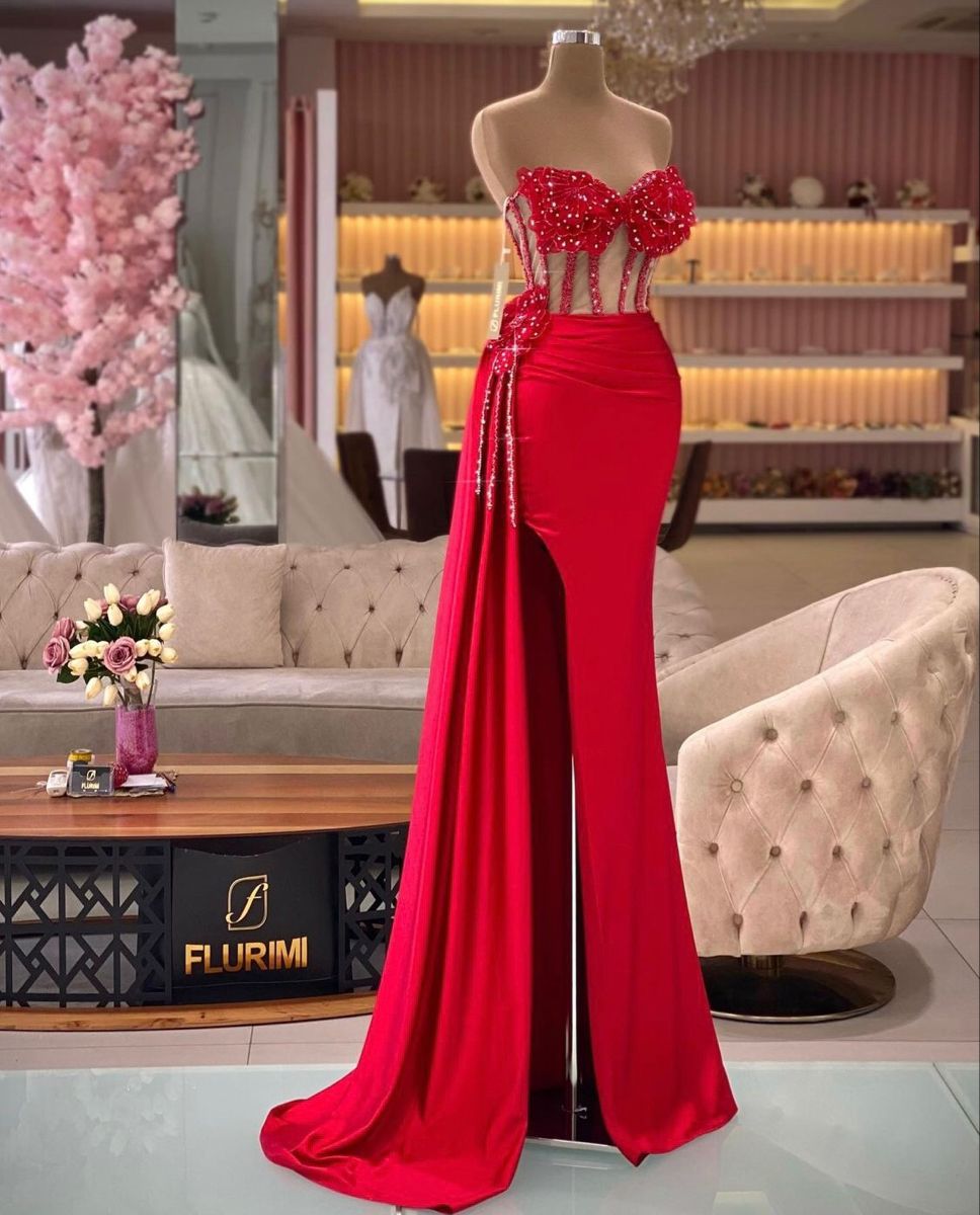 Glamour Mermaid Sweetheart Red Satin Beaded Long Slit Prom Dresses Party Dress 20th Birthday Outfits Formal Dress RB1526