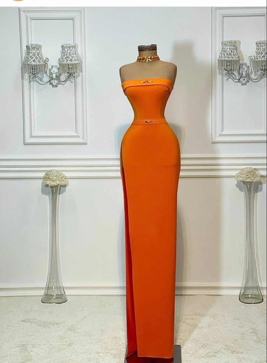 Classy Mermaid Strapless Orange Slit Pleated Long Prom Dresses For Teens Formal Dress 18th Birthday Outfits Prom Gown RB1533