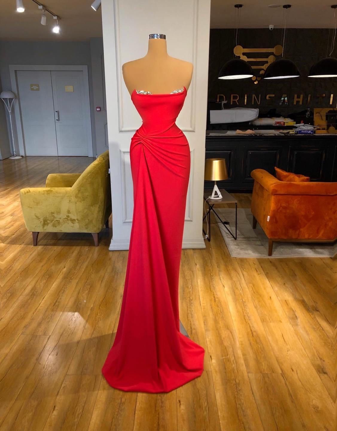 Robe de bal longue plissée rouge style sirène, élégante, sans bretelles, pour adolescentes, tenue de soirée pour 18 ans, robe de bal RB1536
