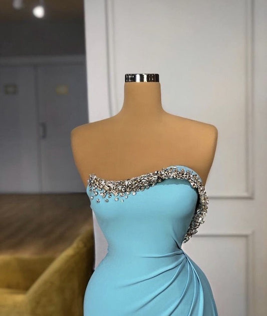 Classy Mermaid Strapless Blue Pleated Beaded Long Prom Dresses For Teens Formal Dress 18th Birthday Outfits Prom Gown RB1539