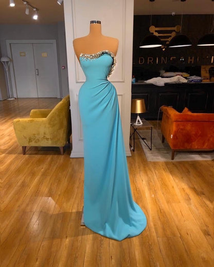 Robe de bal longue plissée bleue style sirène, bustier, à perles, élégante, pour adolescentes, tenue de soirée pour 18 ans, RB1539