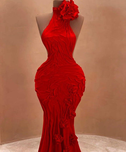 Robe de bal sirène à col haut et plissée en satin rouge, tenue de bal pour un 22e anniversaire (RB1543)