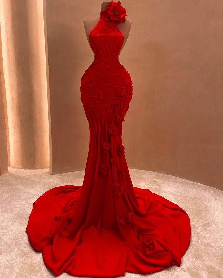 Robe de bal sirène à col haut et plissée en satin rouge, tenue de bal pour un 22e anniversaire (RB1543)