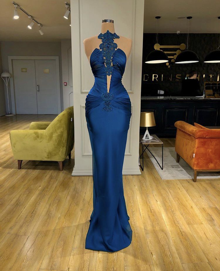 Princess Mermaid High Neck Navy Blue Satin Pleated Lace Prom Dresses Impress 22th Birthday Outfits Prom Gowns RB1545