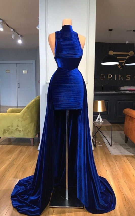 Princess Sheath High Neck Royal Blue Velvet Pleated Prom Dresses Impress 22th Birthday Outfits Prom Gowns RB1546